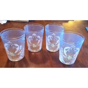 Vintage Enameled Hand Blown Painted Glass Tumbler Set 4 Blue Pink Flowers AS IS